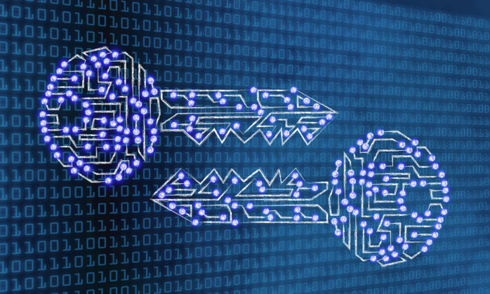 encryption and cryptography conceptual illustration: digital keys with led lights on binary code background